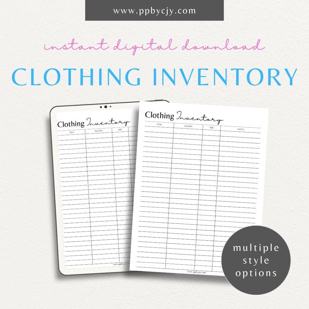 Clothing Inventory Printable Template – Digital Download for Tracking and Managing Clothing Items and Stock