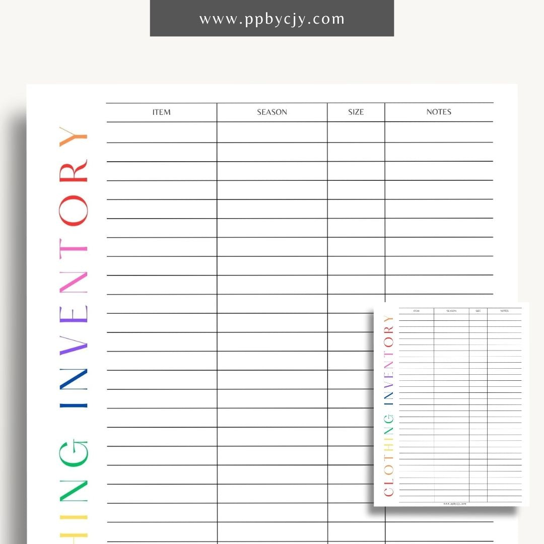 Clothing Inventory Printable Template – Digital Download for Tracking and Managing Clothing Items and Stock