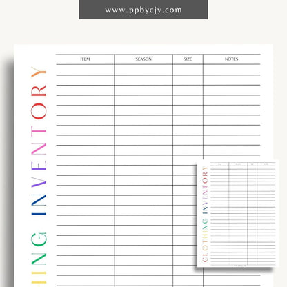 Clothing Inventory Printable Template – Digital Download for Tracking and Managing Clothing Items and Stock