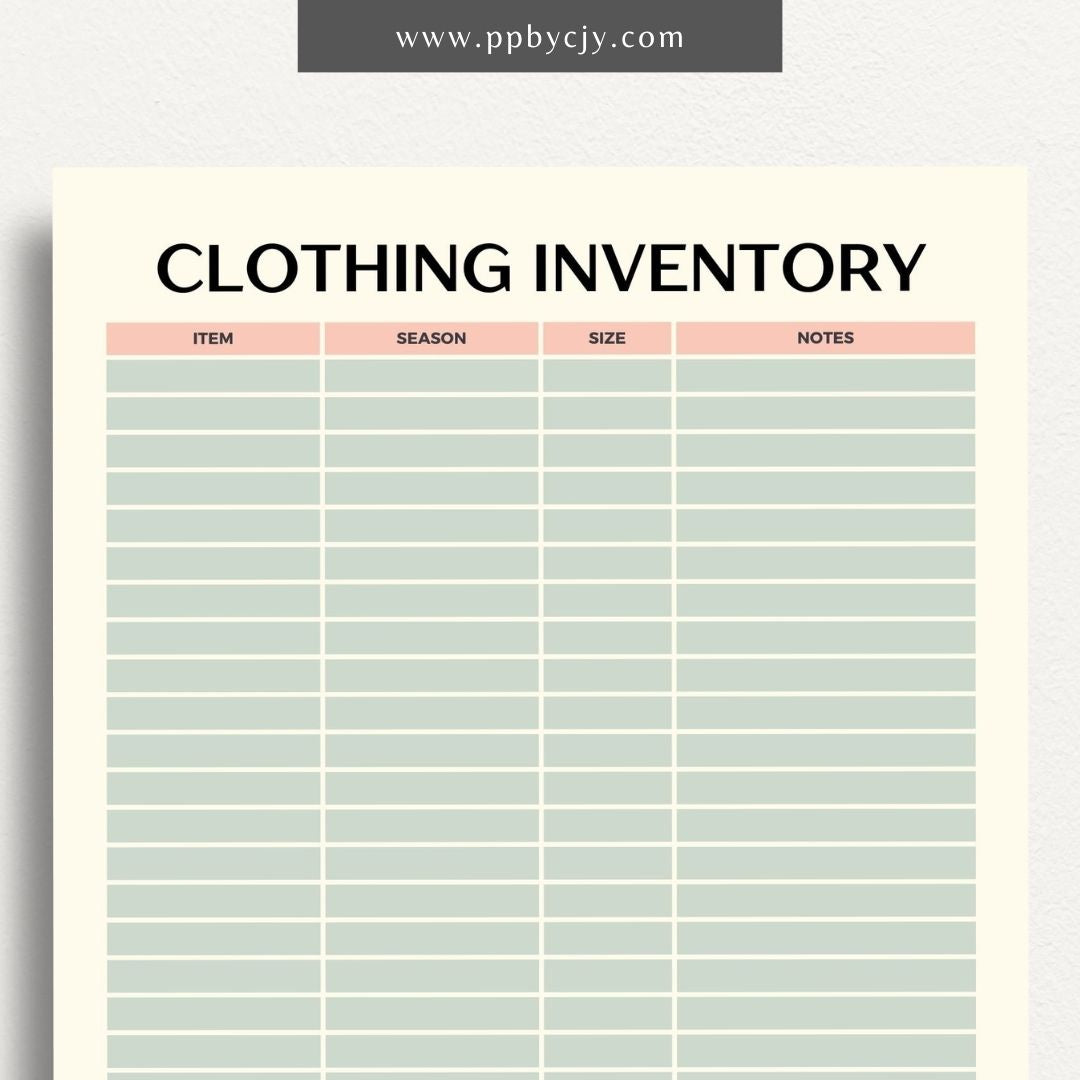 Clothing Inventory Printable Template – Digital Download for Tracking and Managing Clothing Items and Stock