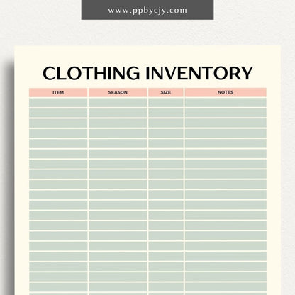Clothing Inventory Printable Template – Digital Download for Tracking and Managing Clothing Items and Stock