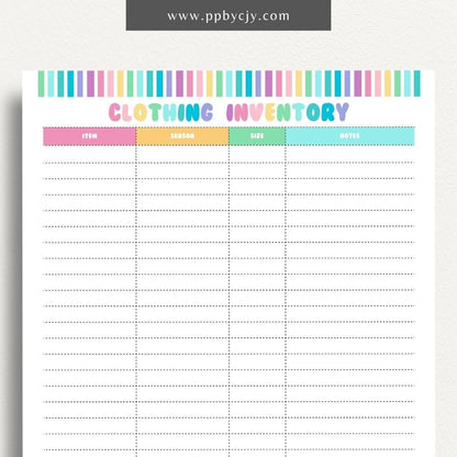 Clothing Inventory Printable Template – Digital Download for Tracking and Managing Clothing Items and Stock