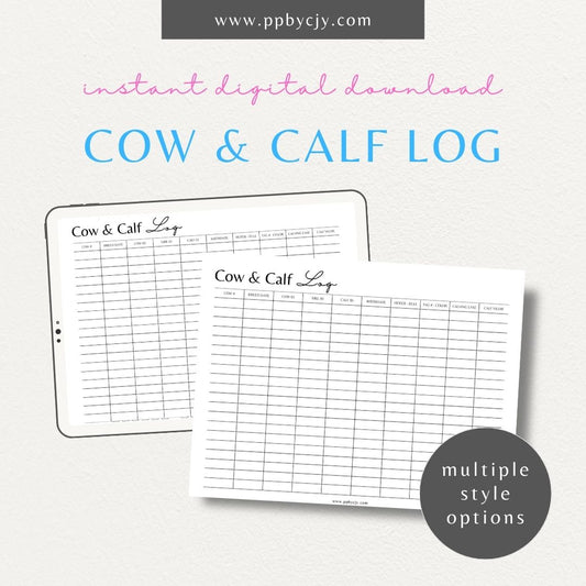 Cow-Calf Management Printable Template – Digital download for organizing and tracking the care and management of cows and their calves, including health, breeding, and growth records.