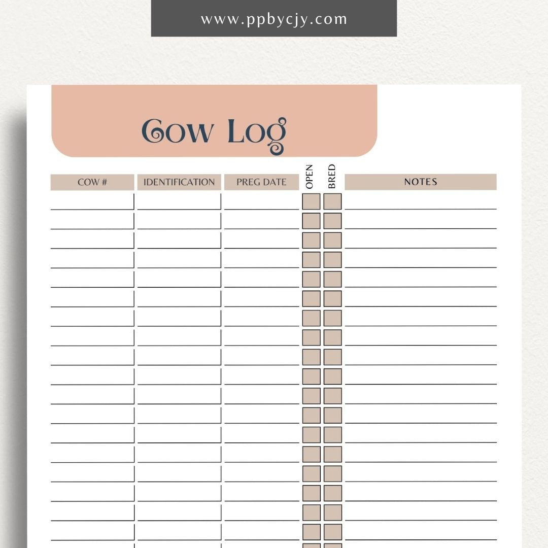 Cattle Cow Management Printable Template – Digital download for organizing and tracking various aspects of cattle management, including health, breeding, and feeding.