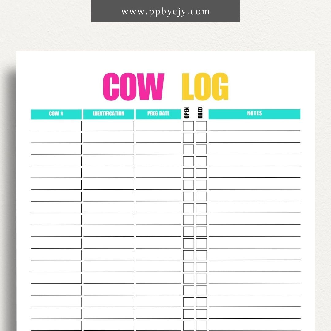 Cattle Cow Management Printable Template – Digital download for organizing and tracking various aspects of cattle management, including health, breeding, and feeding.