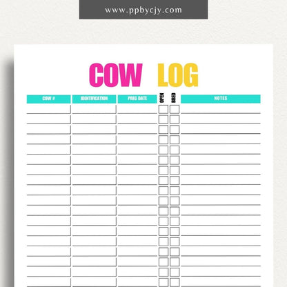 Cattle Cow Management Printable Template – Digital download for organizing and tracking various aspects of cattle management, including health, breeding, and feeding.