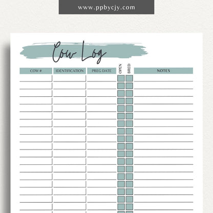 Cattle Cow Management Printable Template – Digital download for organizing and tracking various aspects of cattle management, including health, breeding, and feeding.