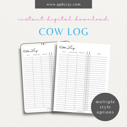 Cattle Cow Management Printable Template – Digital download for organizing and tracking various aspects of cattle management, including health, breeding, and feeding.