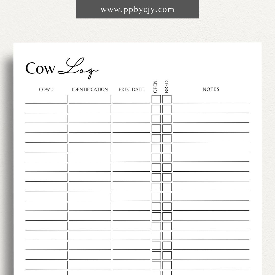 Cattle Cow Management Printable Template – Digital download for organizing and tracking various aspects of cattle management, including health, breeding, and feeding.