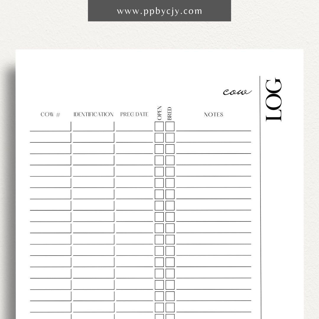 Cattle Cow Management Printable Template – Digital download for organizing and tracking various aspects of cattle management, including health, breeding, and feeding.