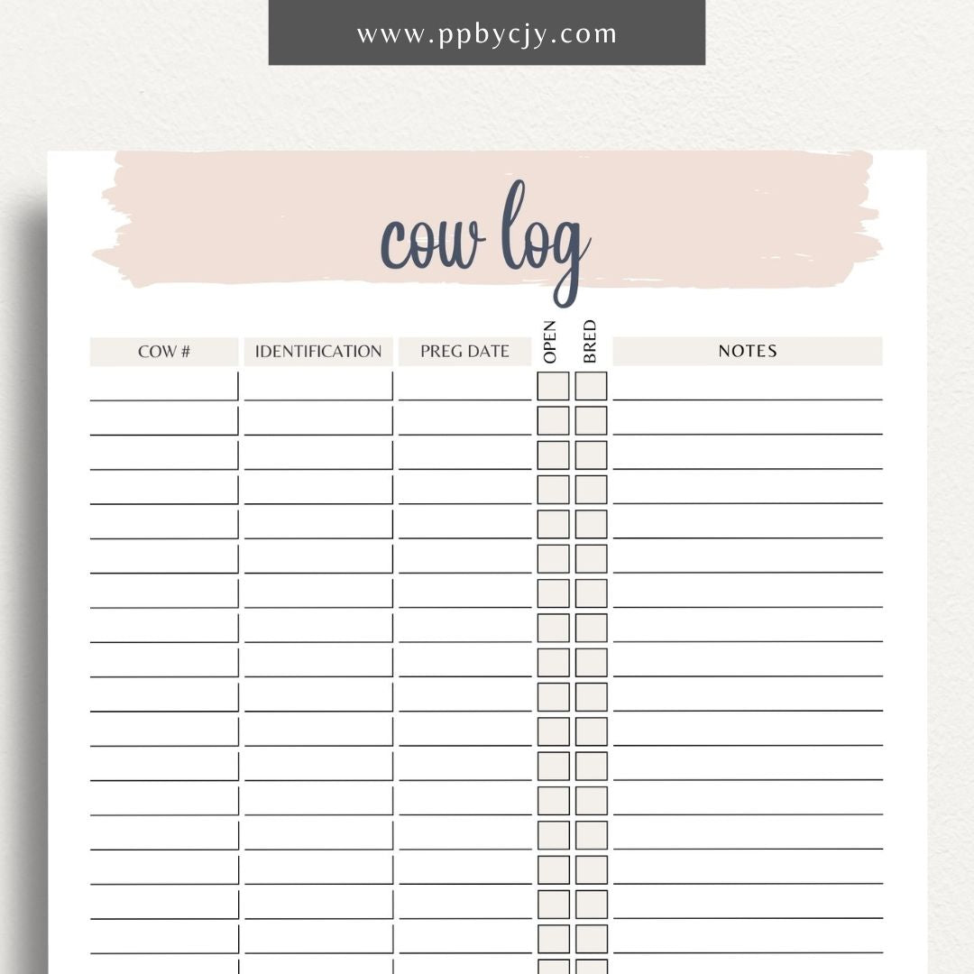 Cattle Cow Management Printable Template – Digital download for organizing and tracking various aspects of cattle management, including health, breeding, and feeding.