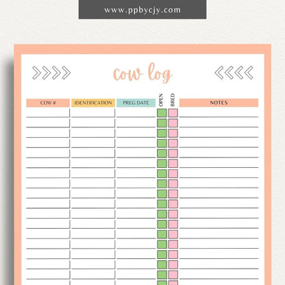 Cattle Cow Management Printable Template – Digital download for organizing and tracking various aspects of cattle management, including health, breeding, and feeding.