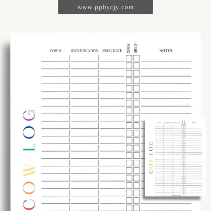 Cattle Cow Management Printable Template – Digital download for organizing and tracking various aspects of cattle management, including health, breeding, and feeding.