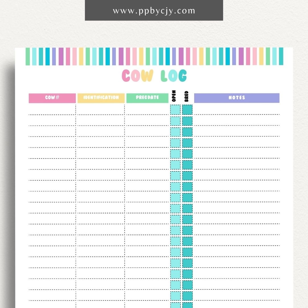 Cattle Cow Management Printable Template – Digital download for organizing and tracking various aspects of cattle management, including health, breeding, and feeding.