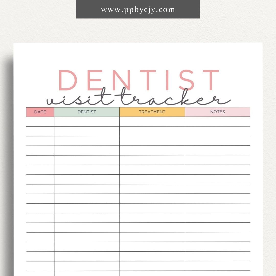 printable template page with columns and rows related to dentist visits