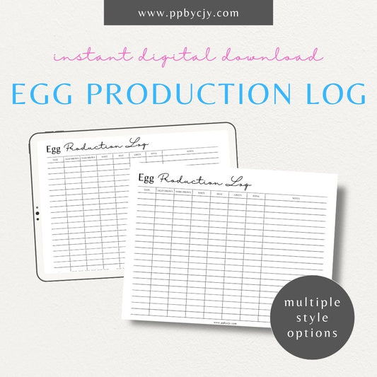 Egg Production Log Printable Template – Digital download for tracking and managing egg production, including egg counts and hen performance