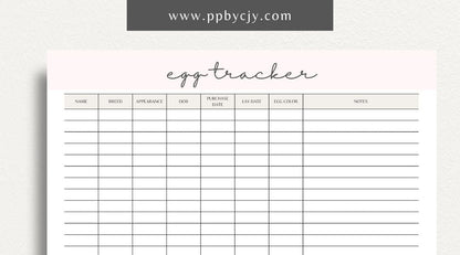 Egg Tracker Printable Template – Digital download for monitoring and recording egg production, storage, and freshness