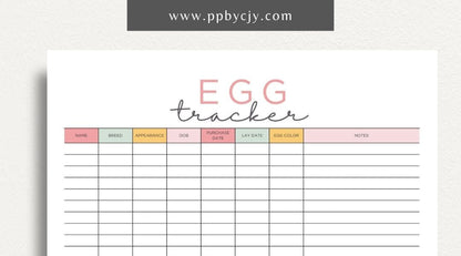 Egg Tracker Printable Template – Digital download for monitoring and recording egg production, storage, and freshness