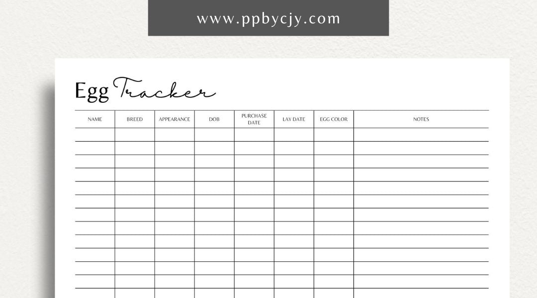 Egg Tracker Printable Template – Digital download for monitoring and recording egg production, storage, and freshness