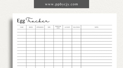 Egg Tracker Printable Template – Digital download for monitoring and recording egg production, storage, and freshness