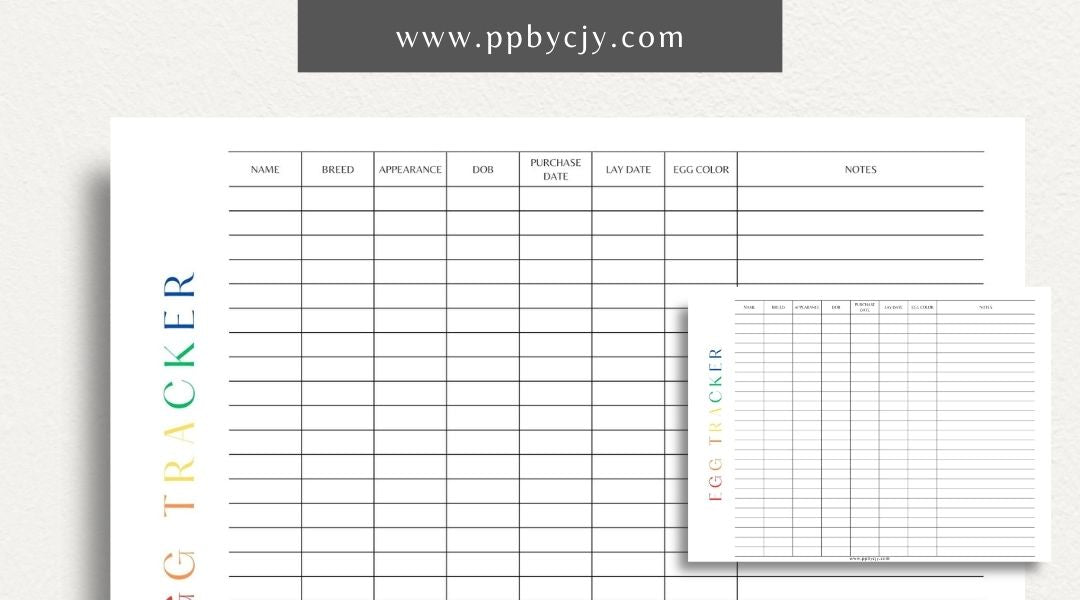 Egg Tracker Printable Template – Digital download for monitoring and recording egg production, storage, and freshness