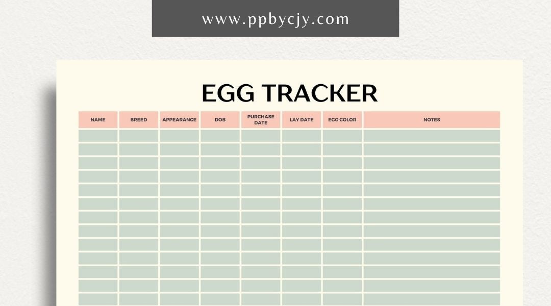 Egg Tracker Printable Template – Digital download for monitoring and recording egg production, storage, and freshness