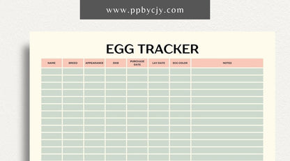 Egg Tracker Printable Template – Digital download for monitoring and recording egg production, storage, and freshness