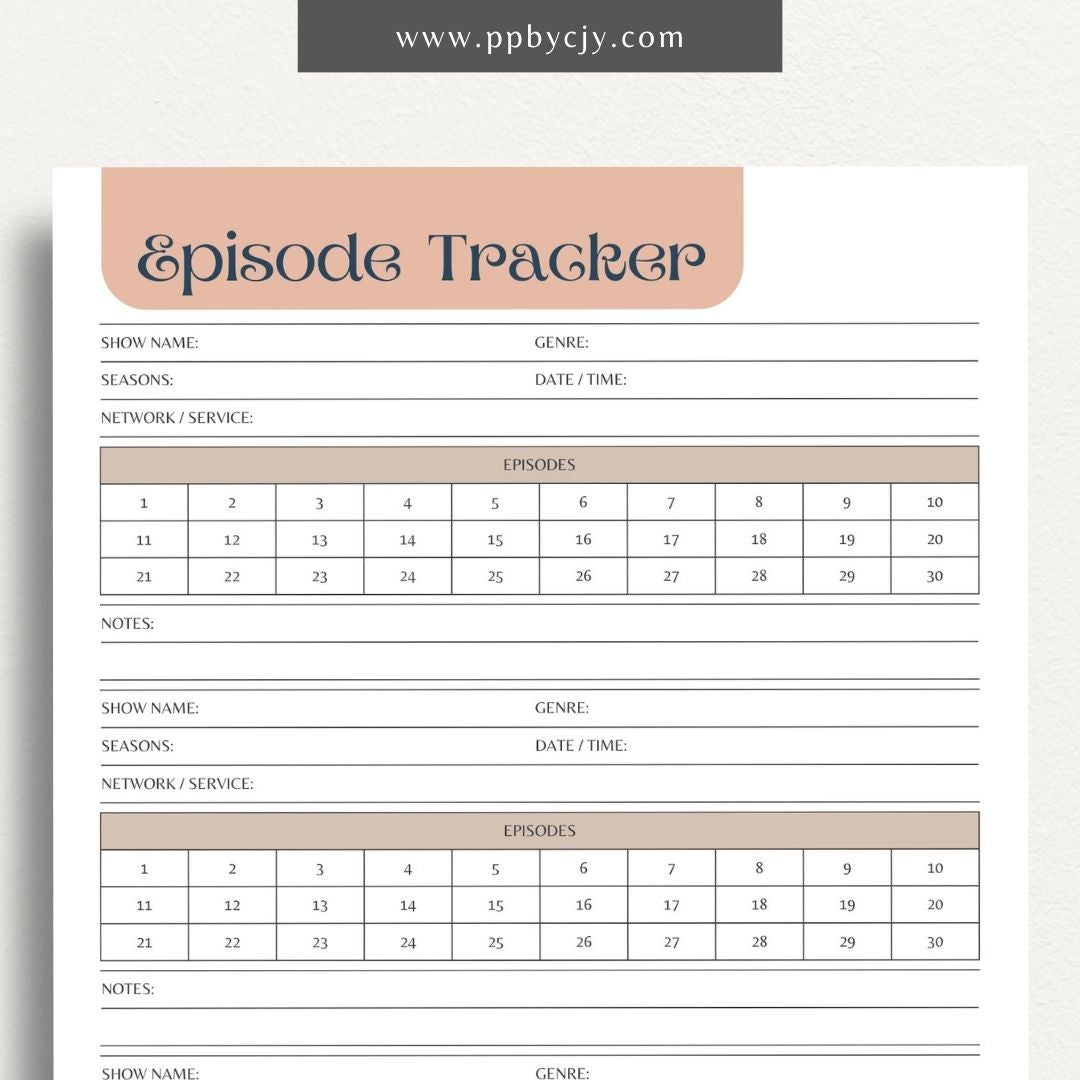 TV Episode Watch List Printable Template – Digital download for tracking and organizing TV episodes to watch, including show titles, episodes, and viewing statuses