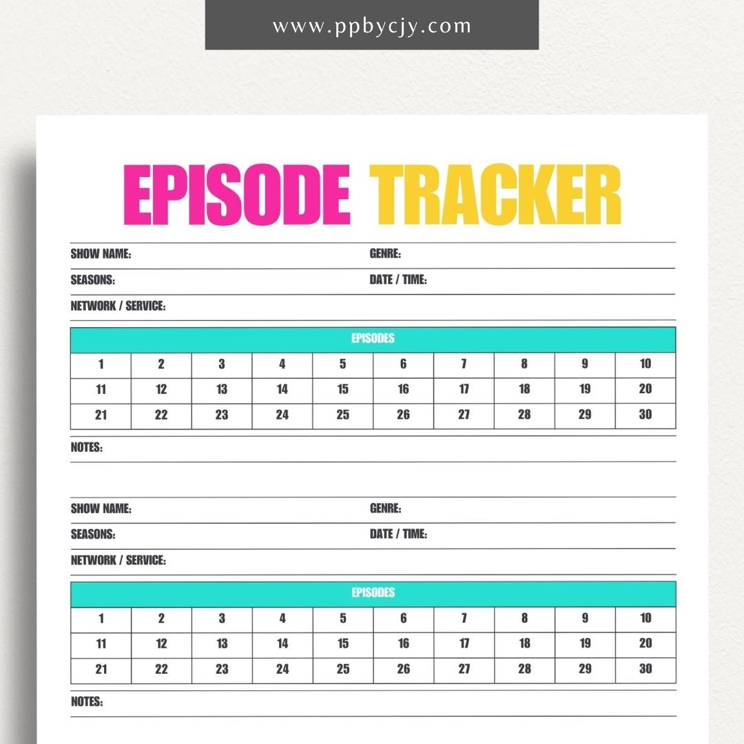 TV Episode Watch List Printable Template – Digital download for tracking and organizing TV episodes to watch, including show titles, episodes, and viewing statuses