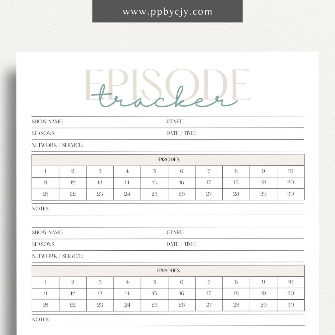 TV Episode Watch List Printable Template – Digital download for tracking and organizing TV episodes to watch, including show titles, episodes, and viewing statuses