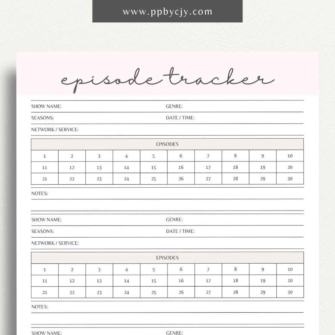 TV Episode Watch List Printable Template – Digital download for tracking and organizing TV episodes to watch, including show titles, episodes, and viewing statuses