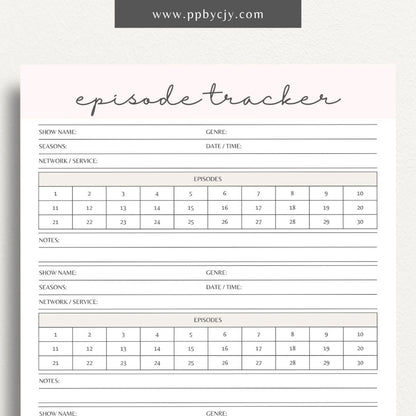 TV Episode Watch List Printable Template – Digital download for tracking and organizing TV episodes to watch, including show titles, episodes, and viewing statuses