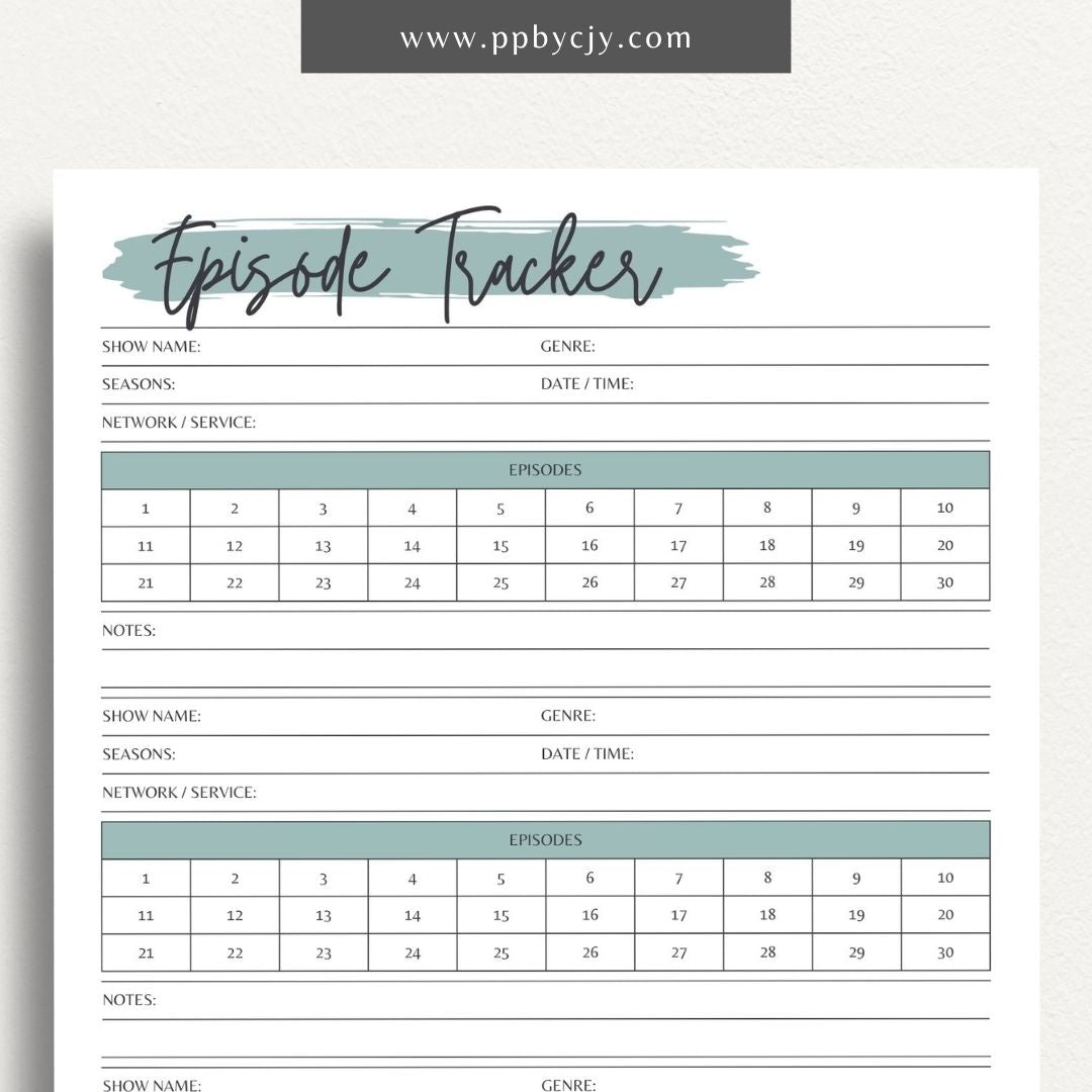 TV Episode Watch List Printable Template – Digital download for tracking and organizing TV episodes to watch, including show titles, episodes, and viewing statuses