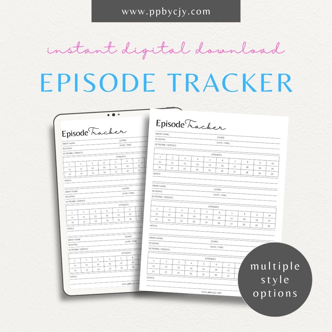 TV Episode Watch List Printable Template – Digital download for tracking and organizing TV episodes to watch, including show titles, episodes, and viewing statuses