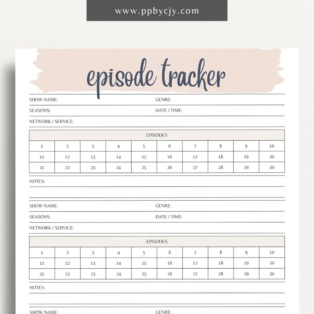 TV Episode Watch List Printable Template – Digital download for tracking and organizing TV episodes to watch, including show titles, episodes, and viewing statuses