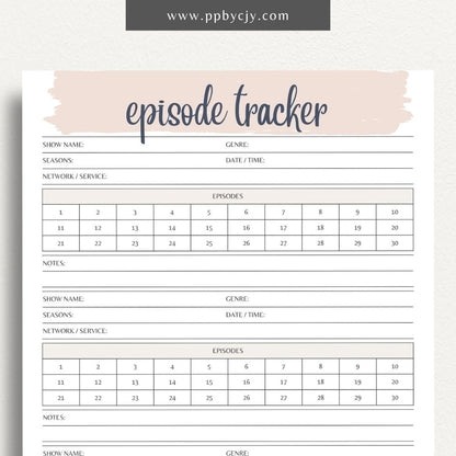 TV Episode Watch List Printable Template – Digital download for tracking and organizing TV episodes to watch, including show titles, episodes, and viewing statuses