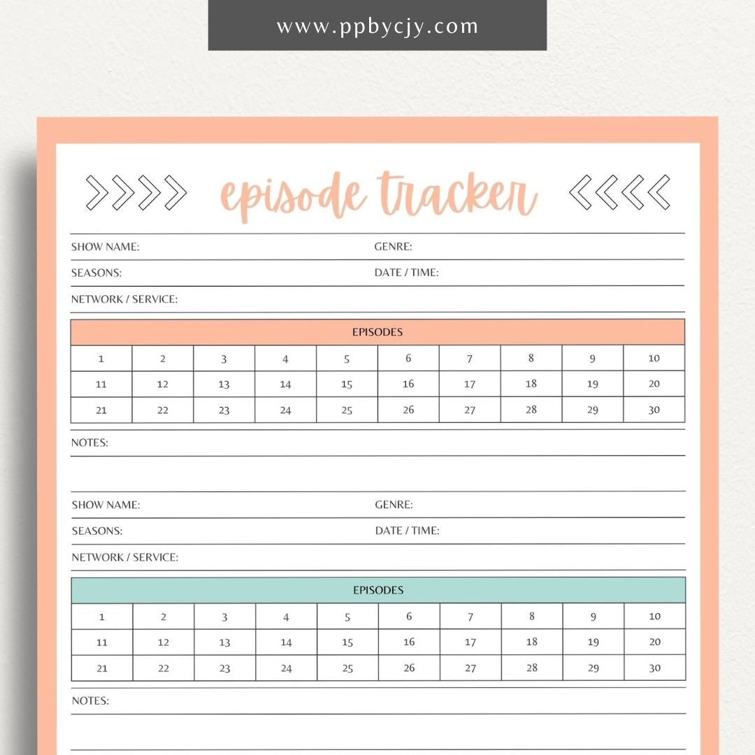 TV Episode Watch List Printable Template – Digital download for tracking and organizing TV episodes to watch, including show titles, episodes, and viewing statuses