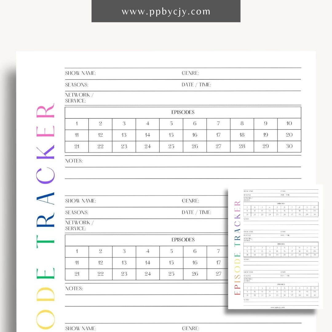 TV Episode Watch List Printable Template – Digital download for tracking and organizing TV episodes to watch, including show titles, episodes, and viewing statuses