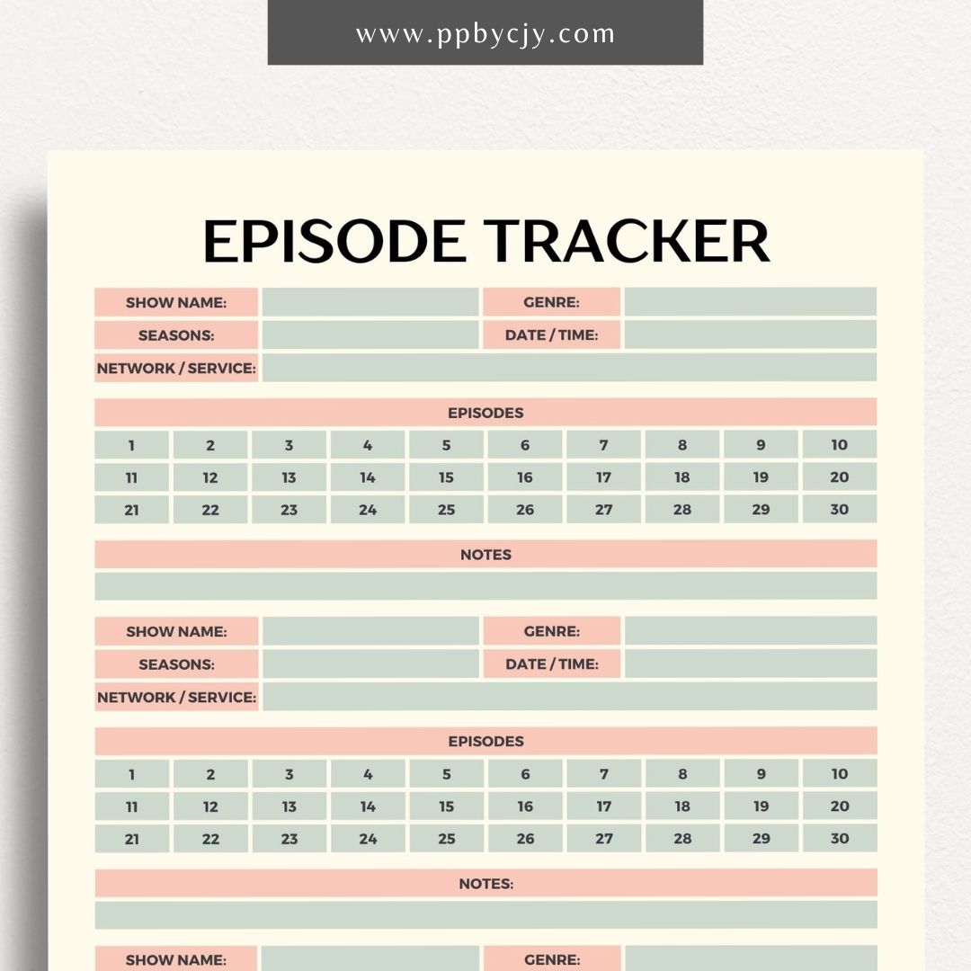 TV Episode Watch List Printable Template – Digital download for tracking and organizing TV episodes to watch, including show titles, episodes, and viewing statuses