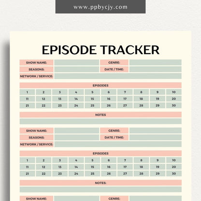 TV Episode Watch List Printable Template – Digital download for tracking and organizing TV episodes to watch, including show titles, episodes, and viewing statuses