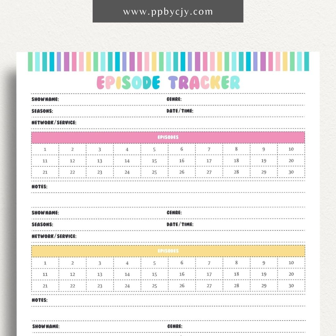 TV Episode Watch List Printable Template – Digital download for tracking and organizing TV episodes to watch, including show titles, episodes, and viewing statuses