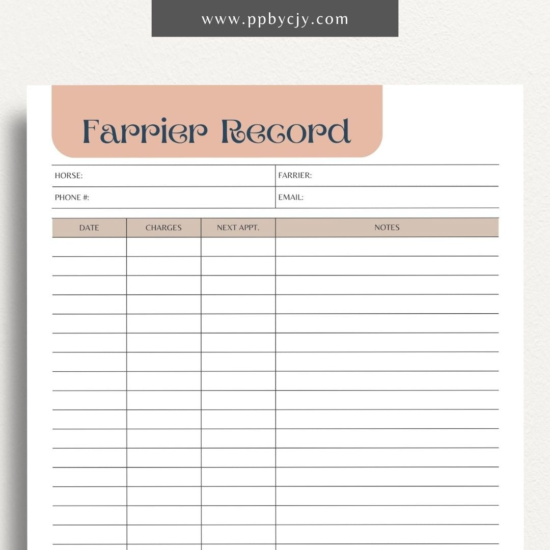 Equine Farrier Record Printable Template – Digital Download for Tracking Horse Shoeing with sections for dates, farrier details, hoof conditions, and shoeing notes.