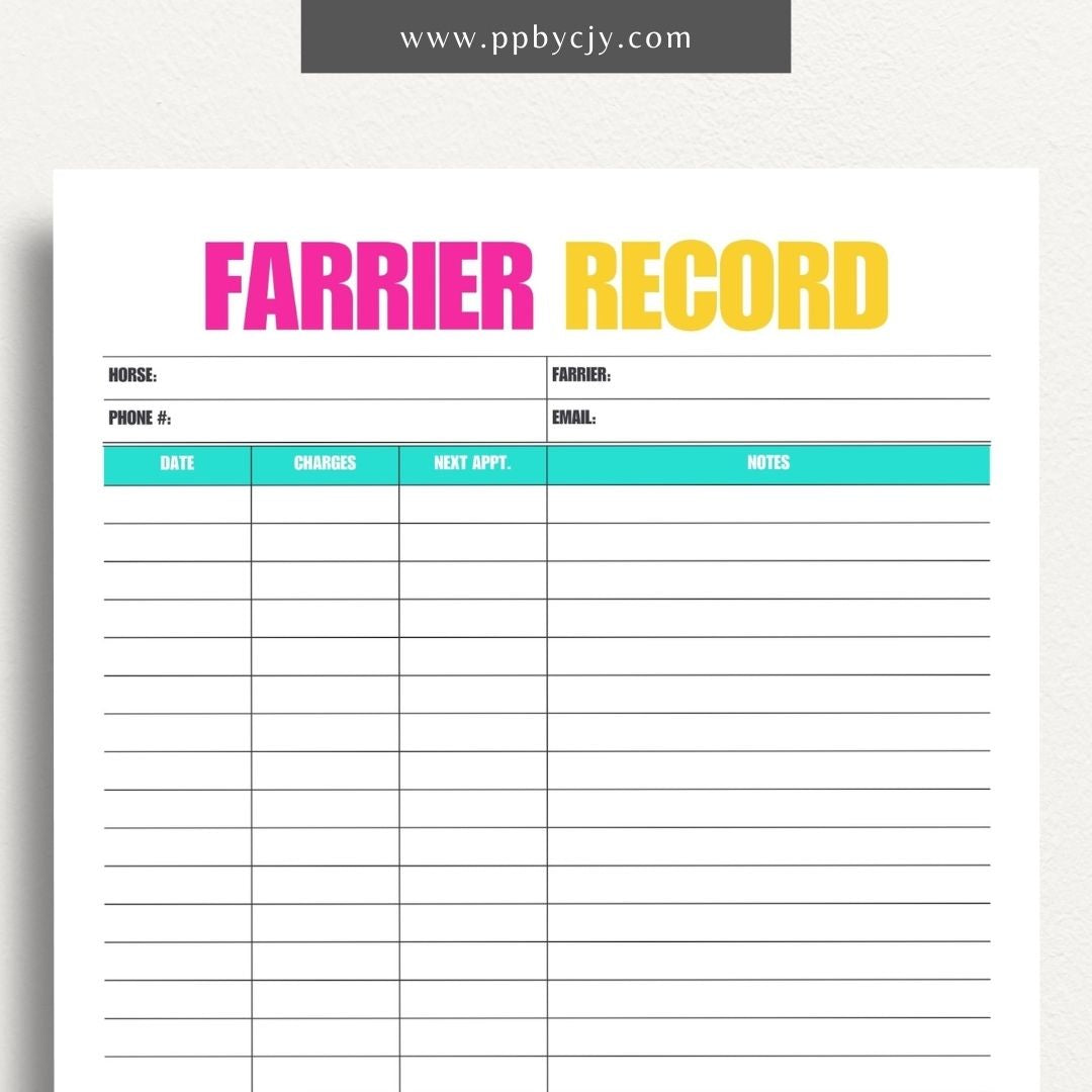 Equine Farrier Record Printable Template – Digital Download for Tracking Horse Shoeing with sections for dates, farrier details, hoof conditions, and shoeing notes.