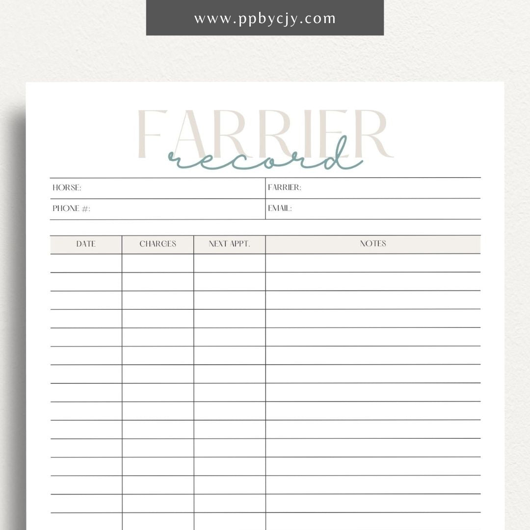 Equine Farrier Record Printable Template – Digital Download for Tracking Horse Shoeing with sections for dates, farrier details, hoof conditions, and shoeing notes.
