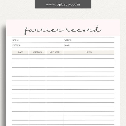Equine Farrier Record Printable Template – Digital Download for Tracking Horse Shoeing with sections for dates, farrier details, hoof conditions, and shoeing notes.