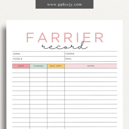 Equine Farrier Record Printable Template – Digital Download for Tracking Horse Shoeing with sections for dates, farrier details, hoof conditions, and shoeing notes.