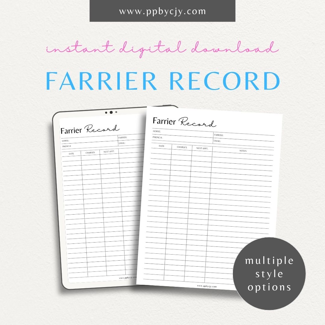 Equine Farrier Record Printable Template – Digital Download for Tracking Horse Shoeing with sections for dates, farrier details, hoof conditions, and shoeing notes.