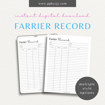 Equine Farrier Record Printable Template – Digital Download for Tracking Horse Shoeing with sections for dates, farrier details, hoof conditions, and shoeing notes.