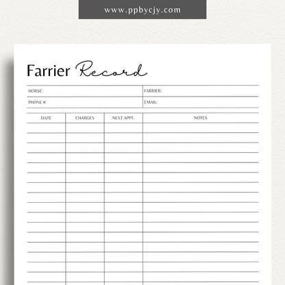 Equine Farrier Record Printable Template – Digital Download for Tracking Horse Shoeing with sections for dates, farrier details, hoof conditions, and shoeing notes.