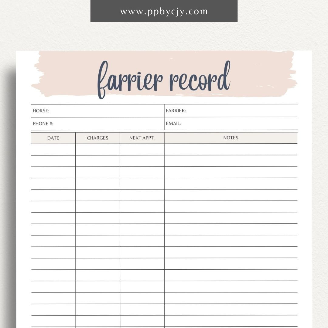 Equine Farrier Record Printable Template – Digital Download for Tracking Horse Shoeing with sections for dates, farrier details, hoof conditions, and shoeing notes.